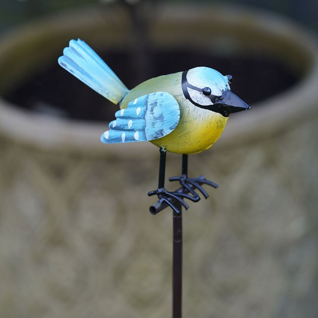Bird on Stick Metal Robin Blue Tit Garden Sculpture