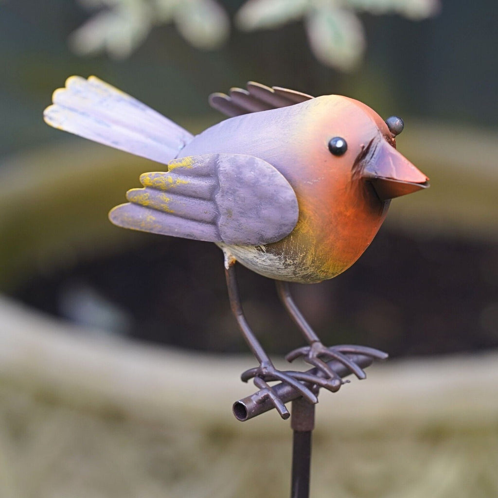 Bird on Stick Metal Robin Blue Tit Garden Sculpture