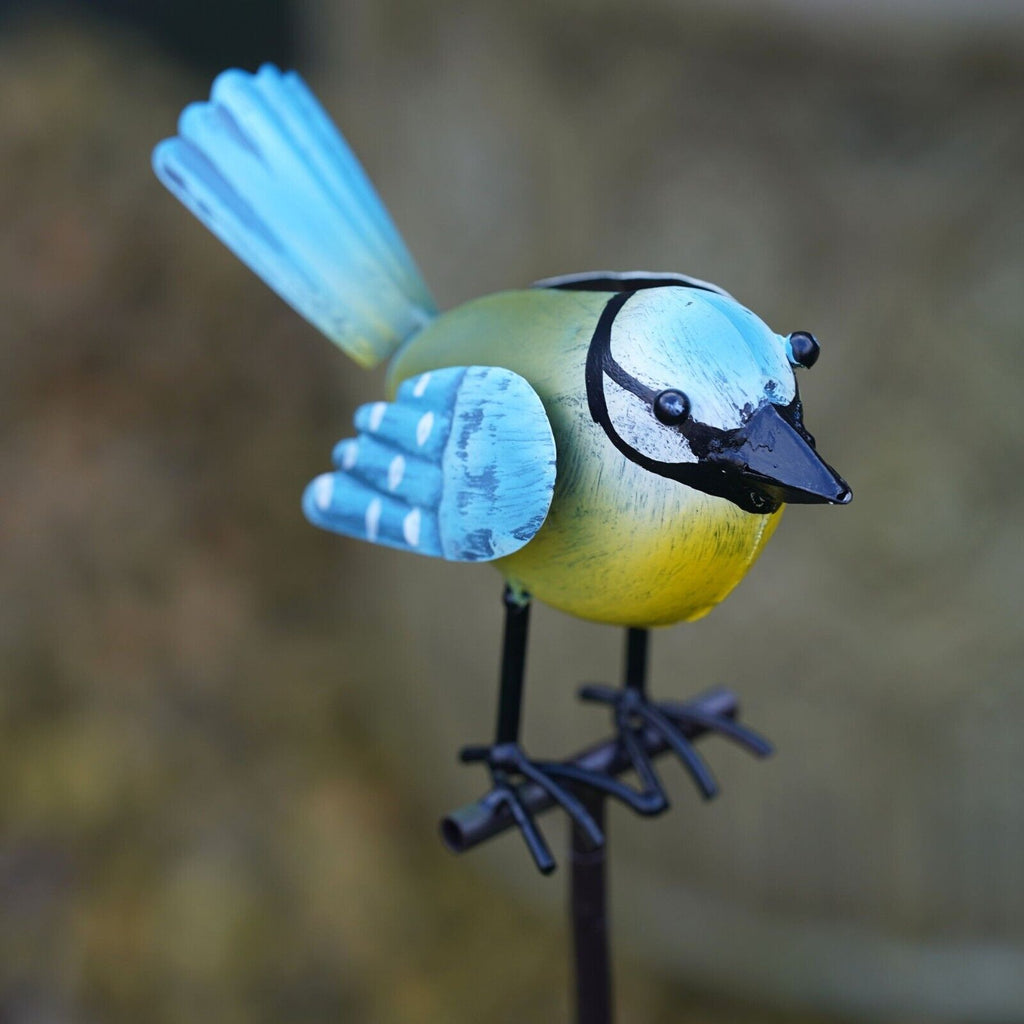 Bird on Stick Metal Robin Blue Tit Garden Sculpture