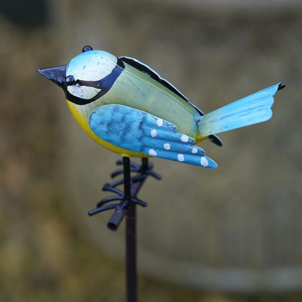 Bird on Stick Metal Robin Blue Tit Garden Sculpture