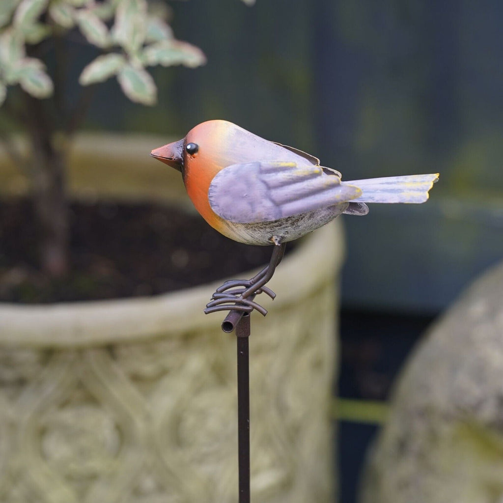Bird on Stick Metal Robin Blue Tit Garden Sculpture