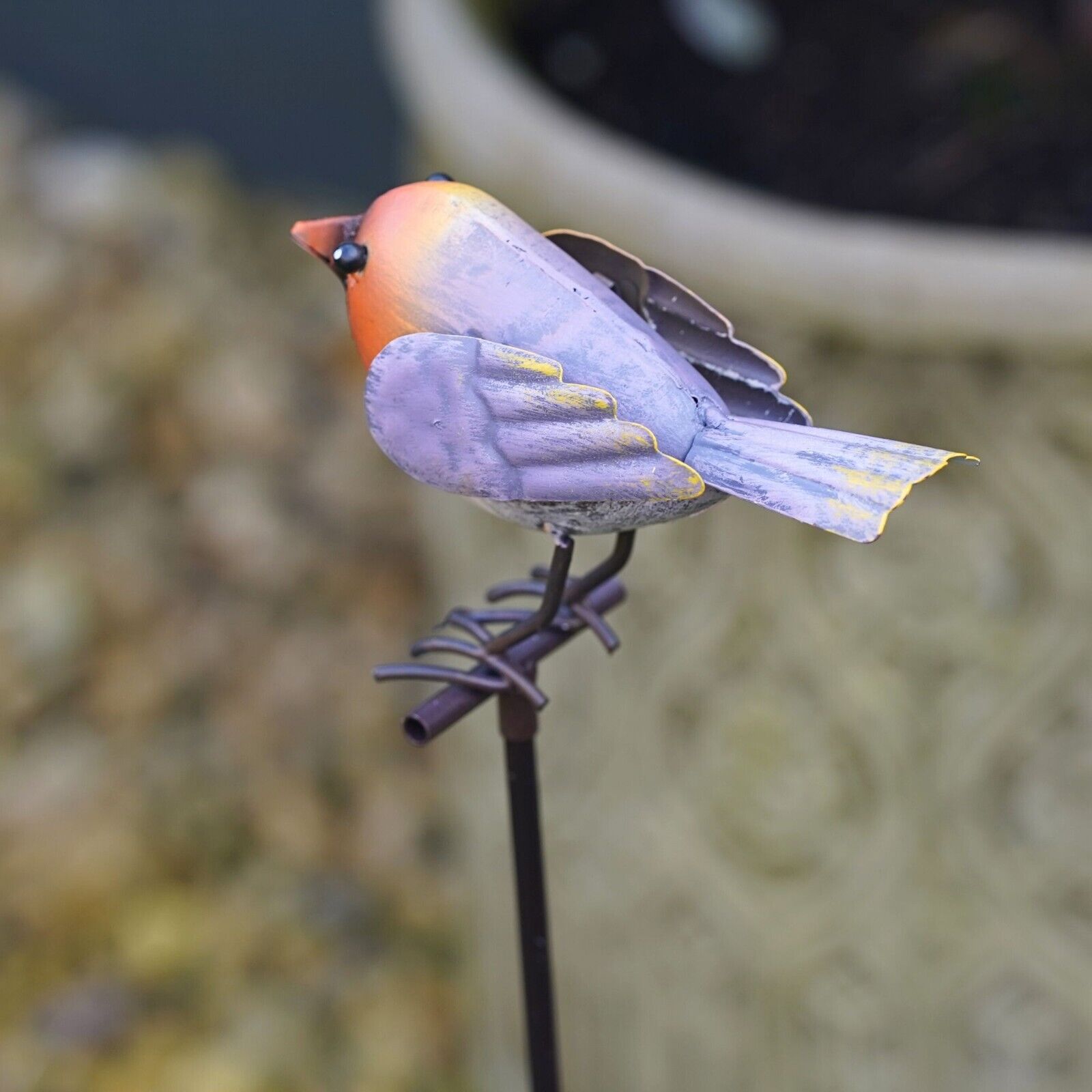 Bird on Stick Metal Robin Blue Tit Garden Sculpture