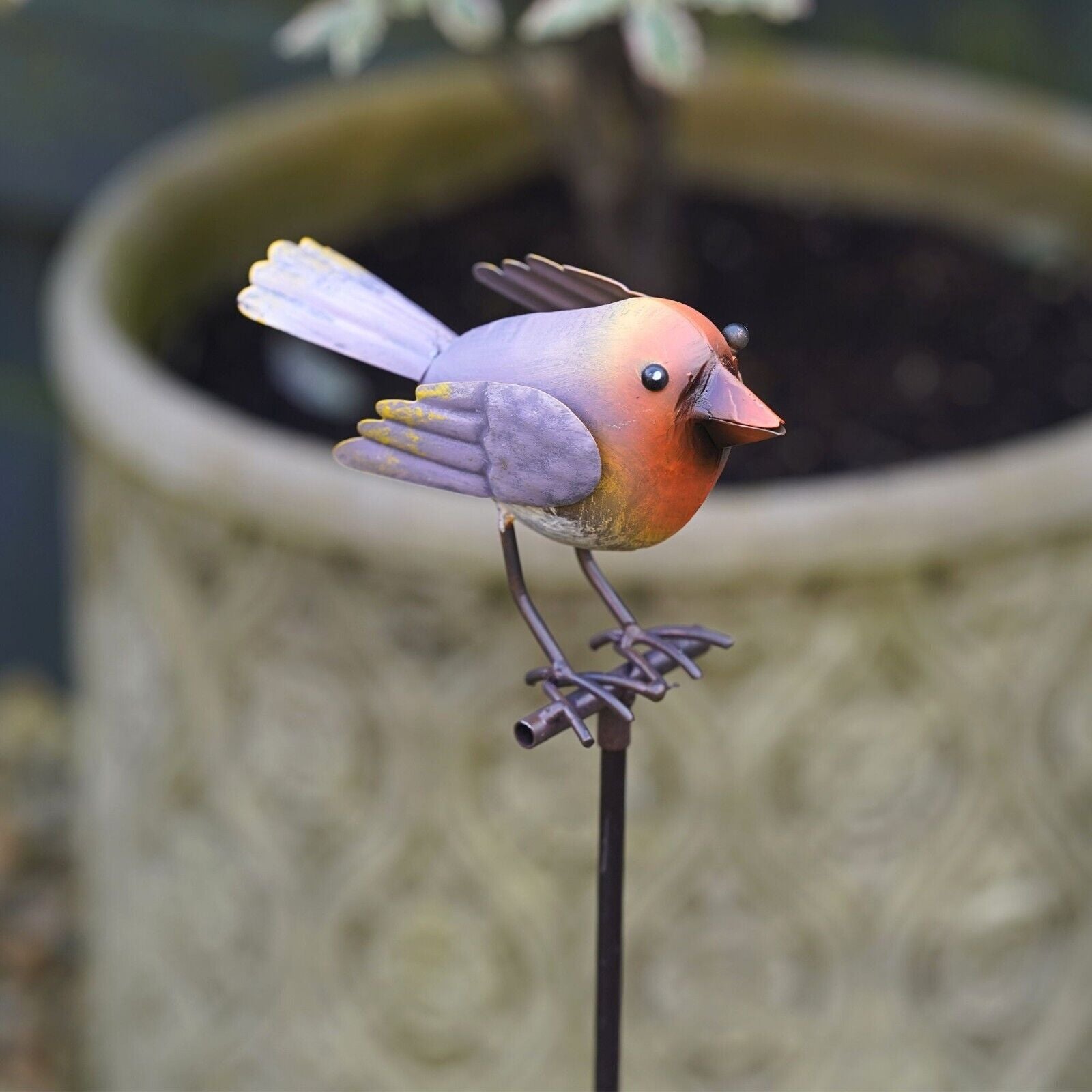 Bird on Stick Metal Robin Blue Tit Garden Sculpture