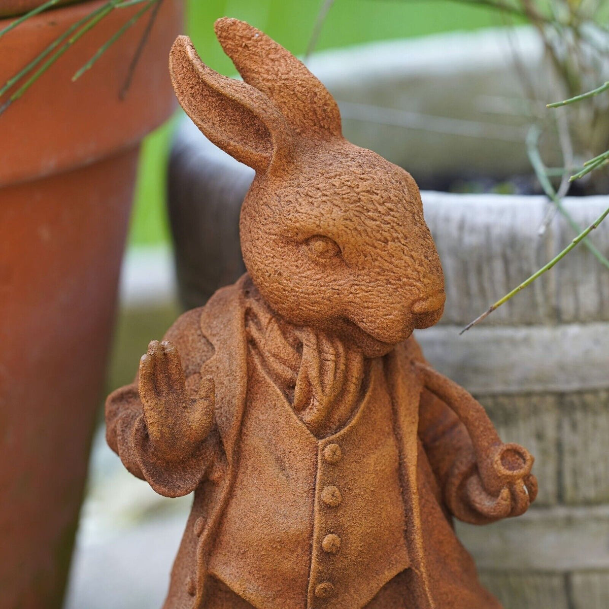 Cast Iron Rabbit Butler Statue Peter Rabbit Cast Iron Garden Sculpture Statue – Burgess Home and Garden