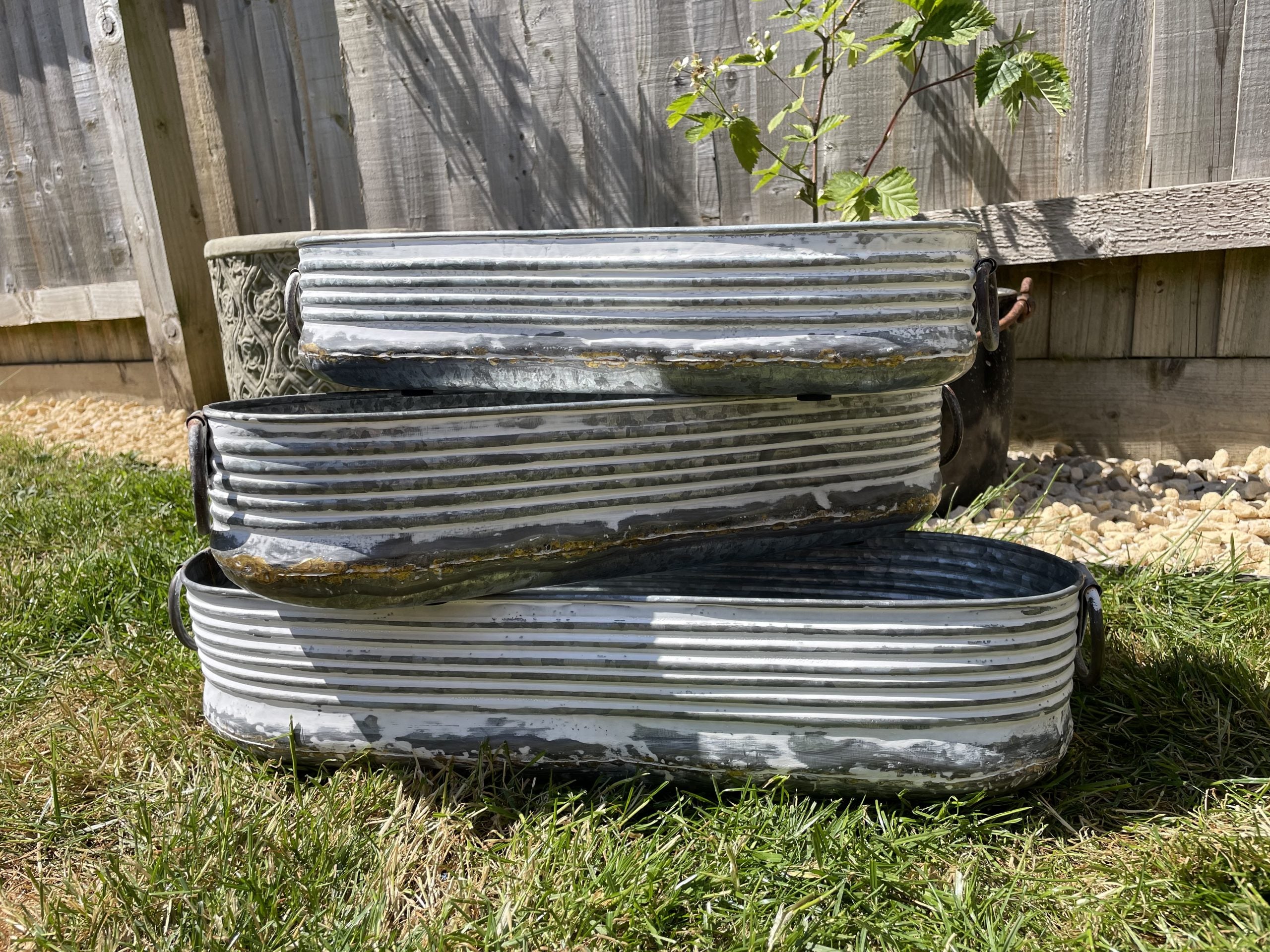 Set or 1 Galvanised Zinc White Washed Long Planter | Garden Trough Ribbed Pot