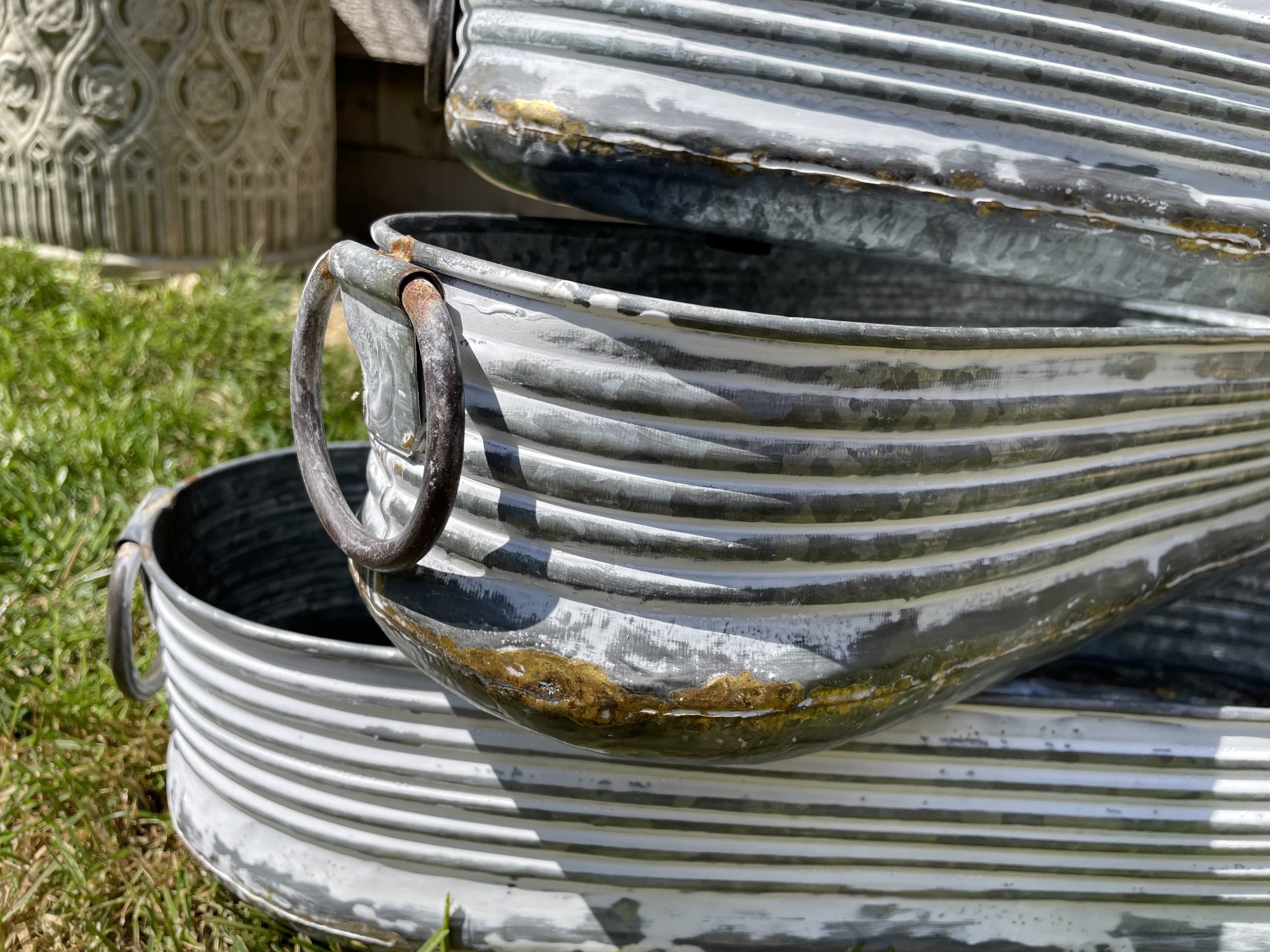 Set or 1 Galvanised Zinc White Washed Long Planter | Garden Trough Ribbed Pot