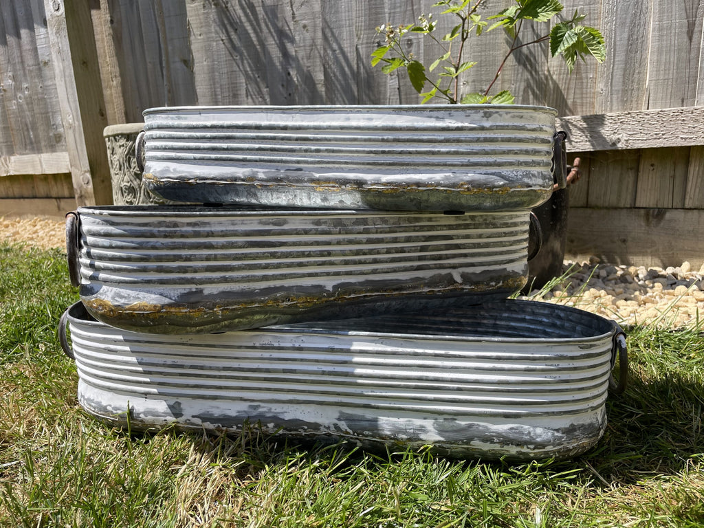 Set or 1 Galvanised Zinc White Washed Long Planter | Garden Trough Ribbed Pot