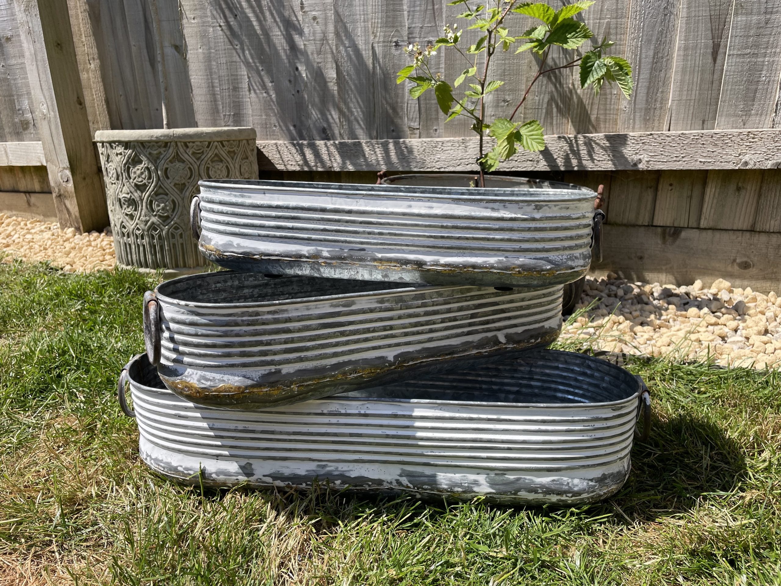 Set or 1 Galvanised Zinc White Washed Long Planter | Garden Trough Ribbed Pot