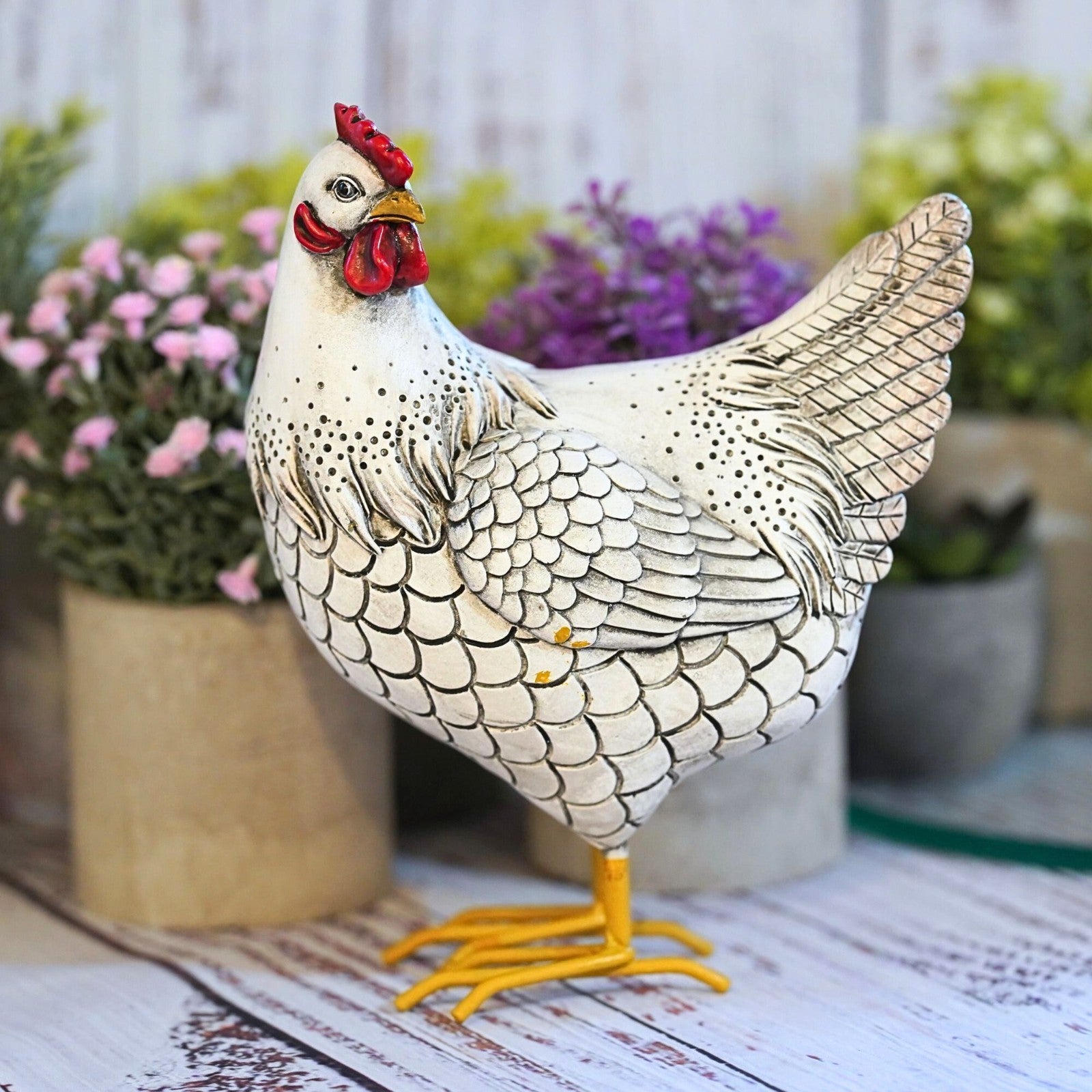 Hen Chicken Resin Statue White