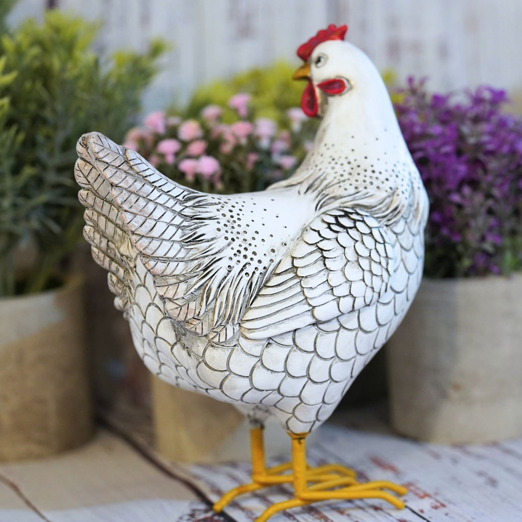 Hen Chicken Resin Statue White