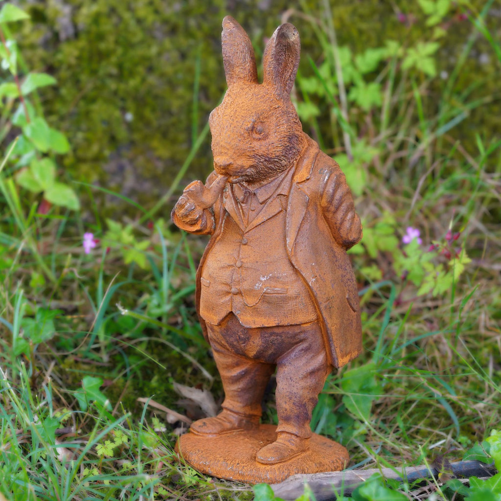 Cast Iron Rabbit Butler Statue Cast Iron Master Rabbit Garden Sculpture – Burgess Home and Garden
