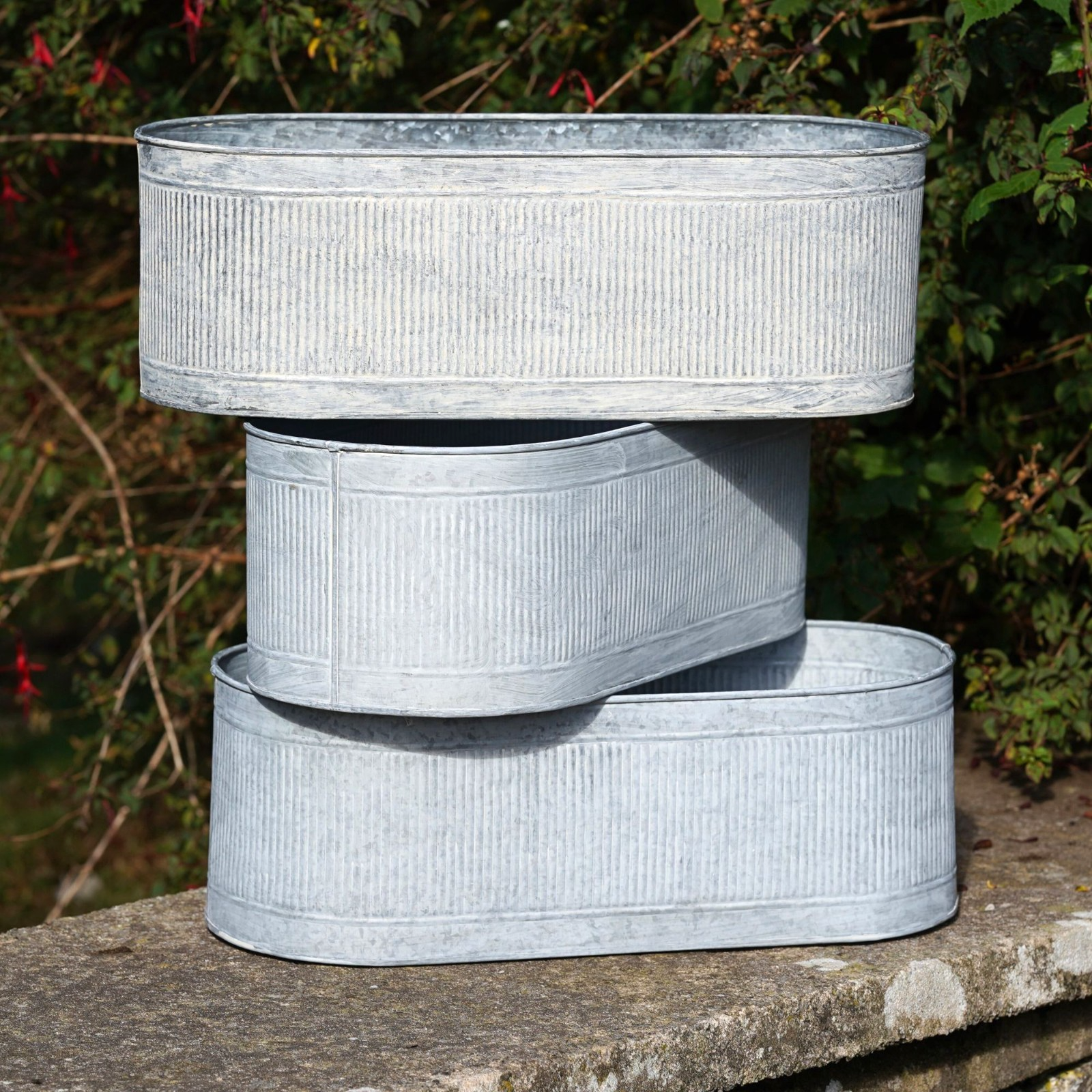 Set 3 52cm Large Metal Troughs | Ribbed Galvanised Planters