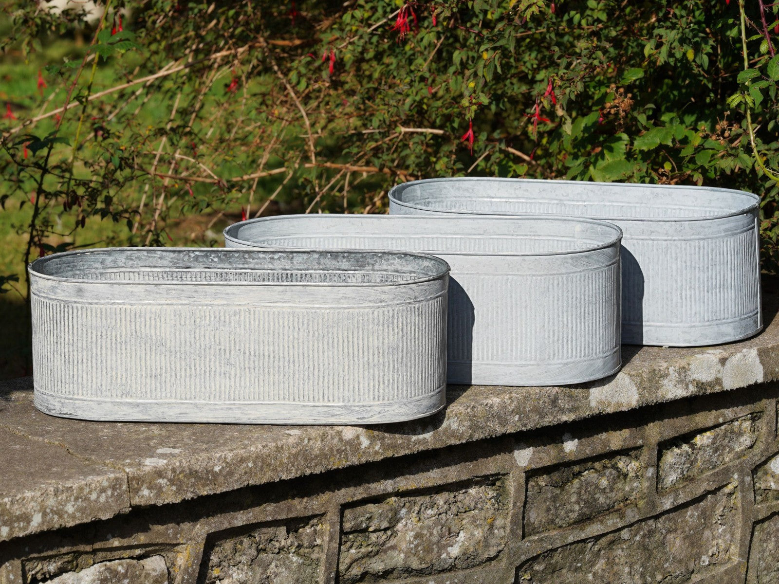 Set 3 52cm Large Metal Troughs | Ribbed Galvanised Planters
