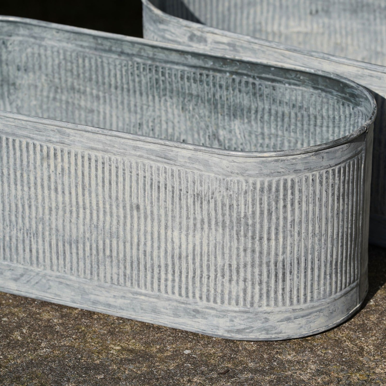 Set 3 52cm Large Metal Troughs | Ribbed Galvanised Planters