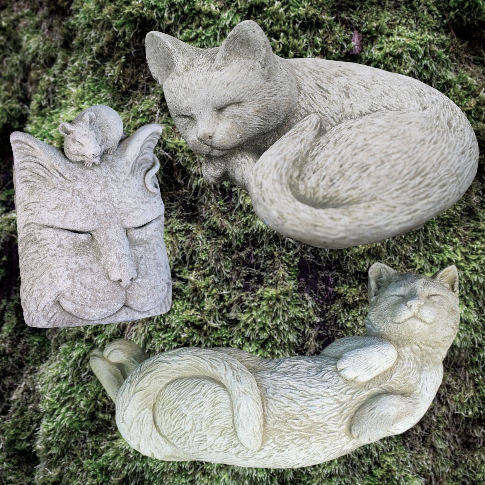 3x Stone Cat Garden Ornament Set