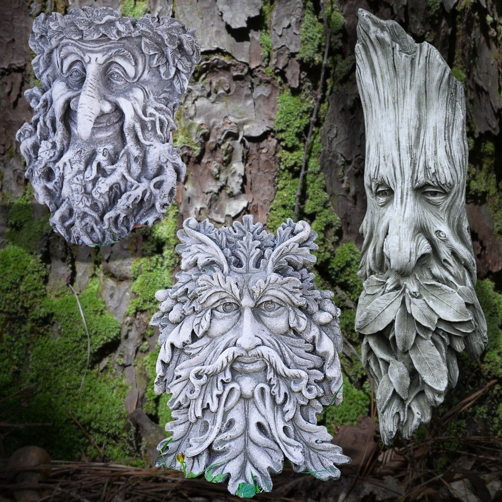 3x Stone Greenman Wall Plaque Bundle