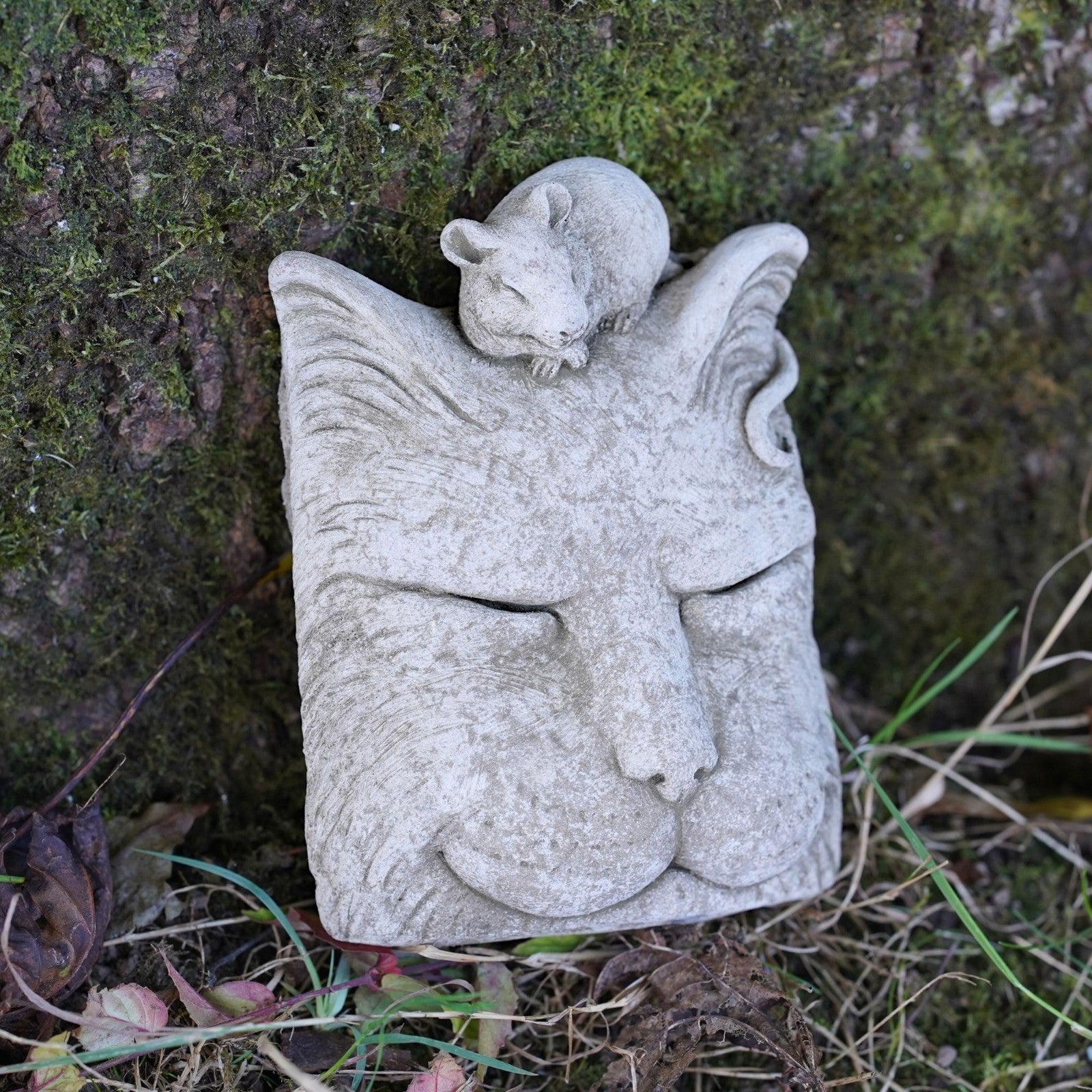 3x Stone Cat Garden Ornament Set
