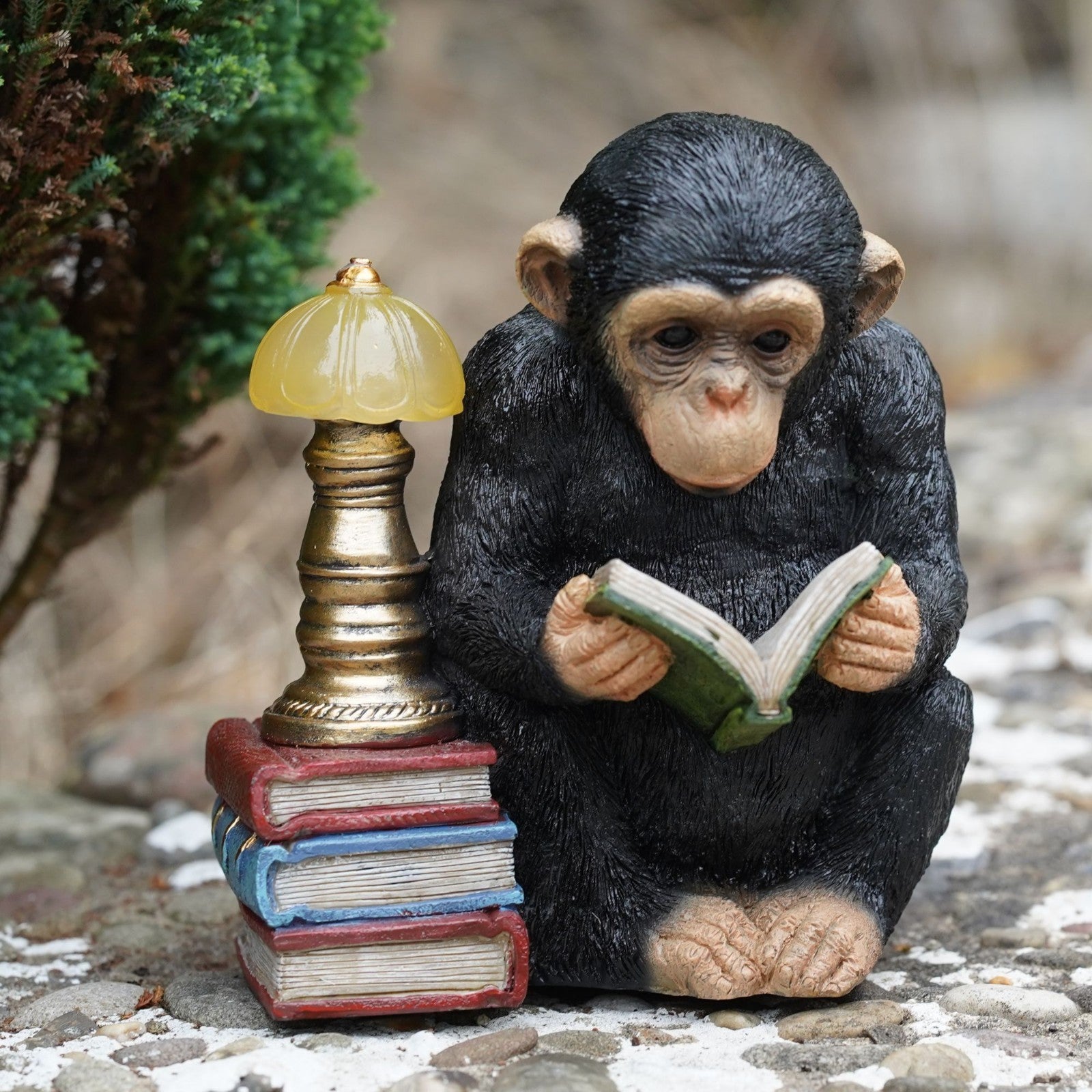 Reading Monkey Solar Light Resin Sculpture