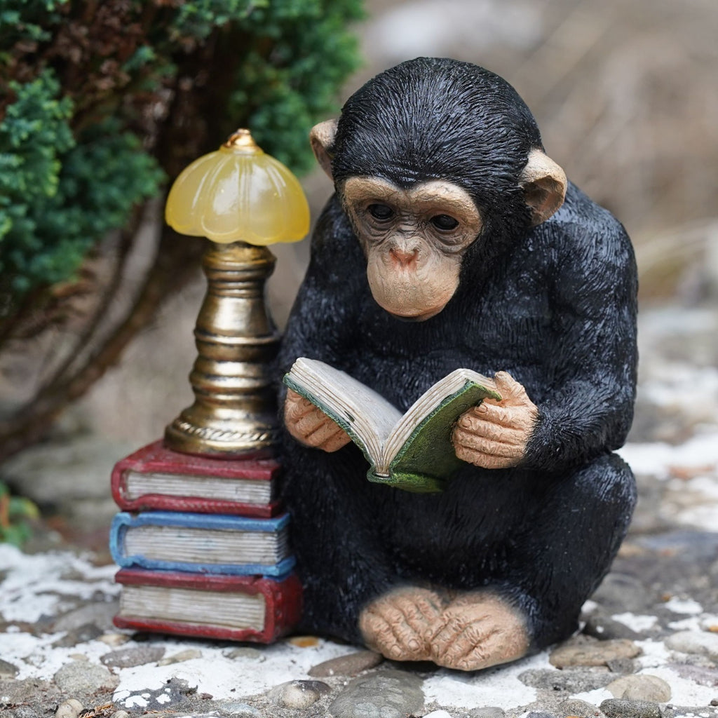 Reading Monkey Solar Light Resin Sculpture