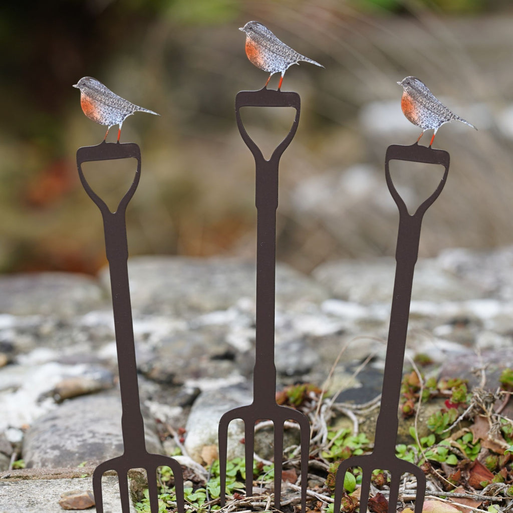 Set of 3 Mini Robin on Fork | Metal Garden Stake