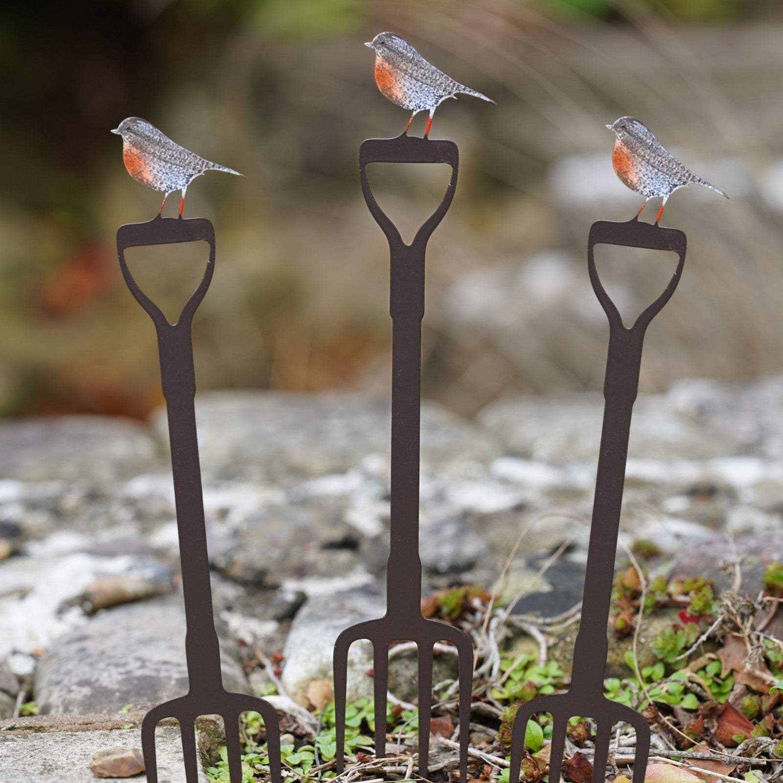 Set of 3 Mini Robin on Fork | Metal Garden Stake