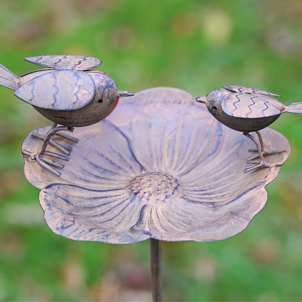 121cm Robin on Flower Birdbath | Metal Garden Ornament