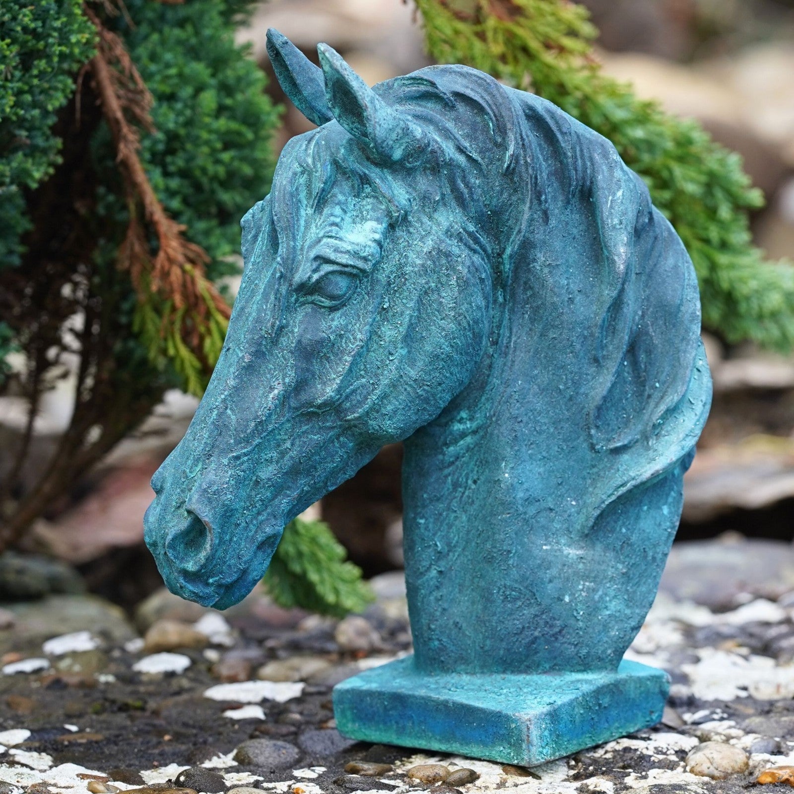 Cast Iron Horse Head Bust in Verdigris