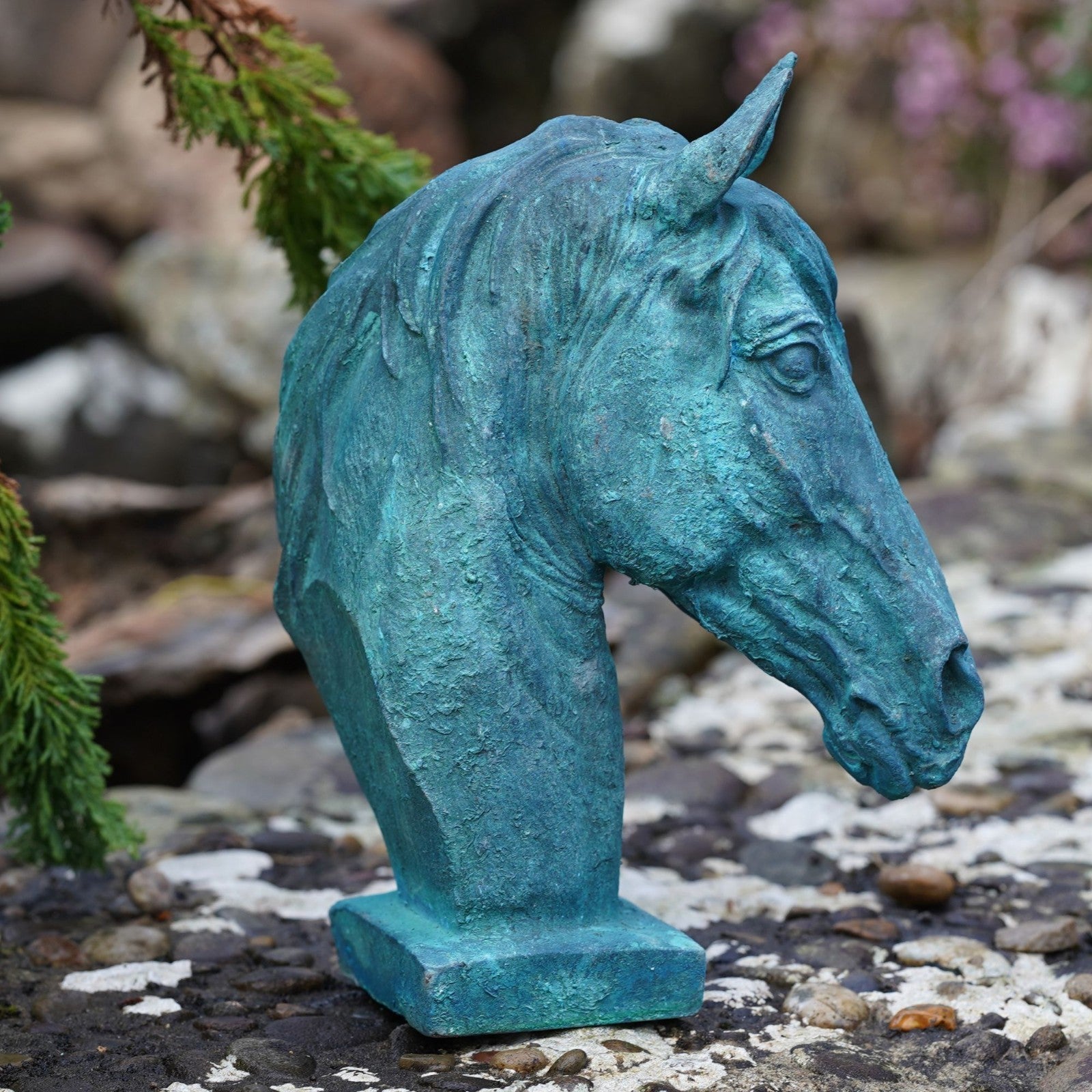 Cast Iron Horse Head Bust in Verdigris