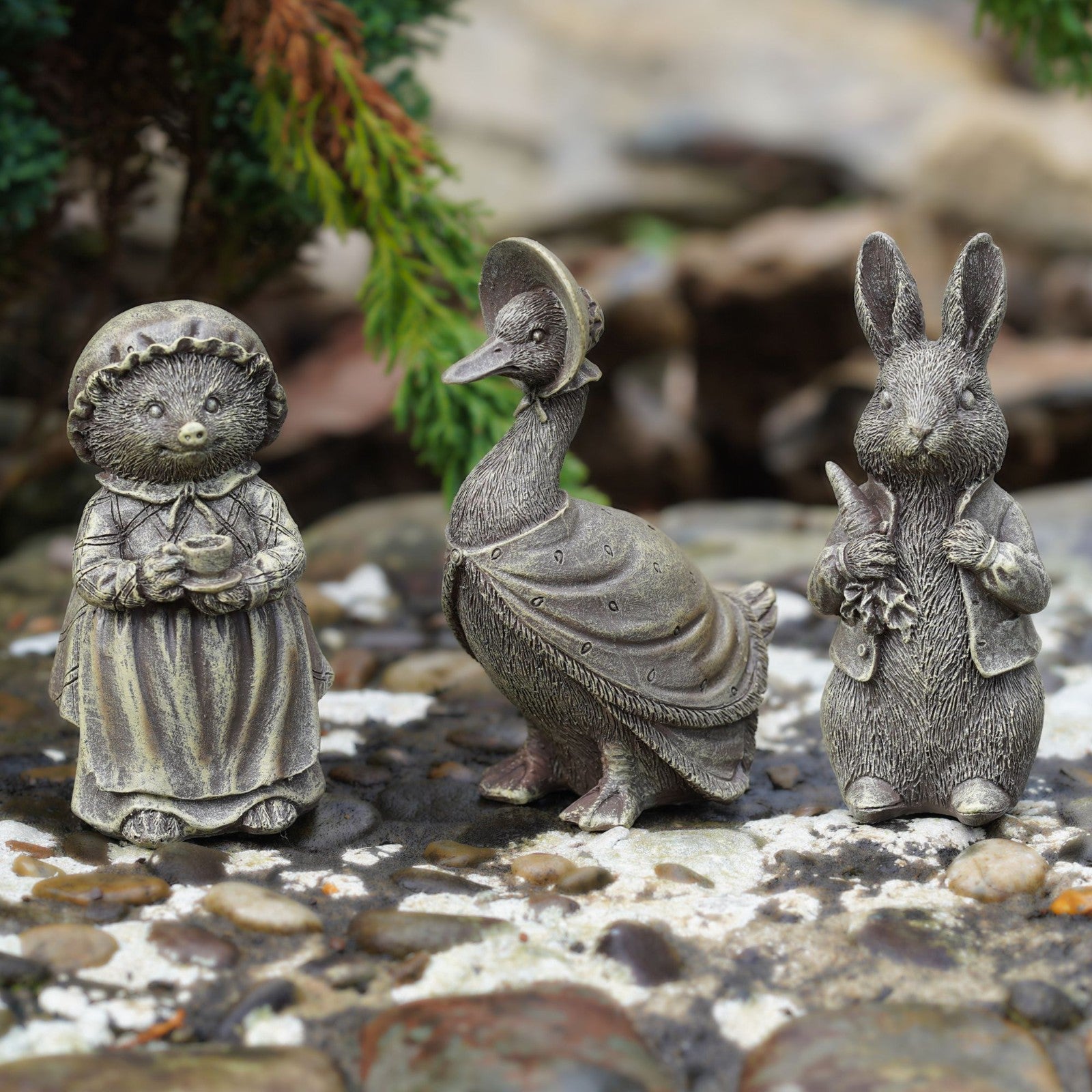 Set of 3 Beatrix Potter Garden Ornaments | Peter Rabbit, Jemima Puddle-Duck & Mrs Tiggy-Winkle | Bronze Resin