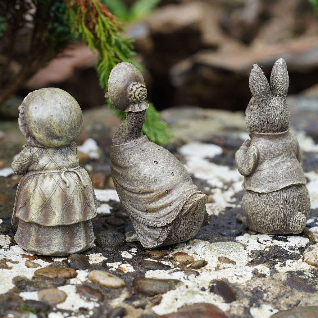Set of 3 Beatrix Potter Garden Ornaments | Peter Rabbit, Jemima Puddle-Duck & Mrs Tiggy-Winkle | Bronze Resin