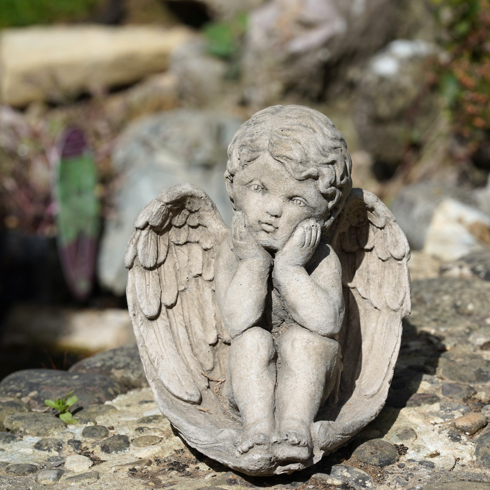 Thoughtful Cherub Stone Statue Outdoor Garden Ornament