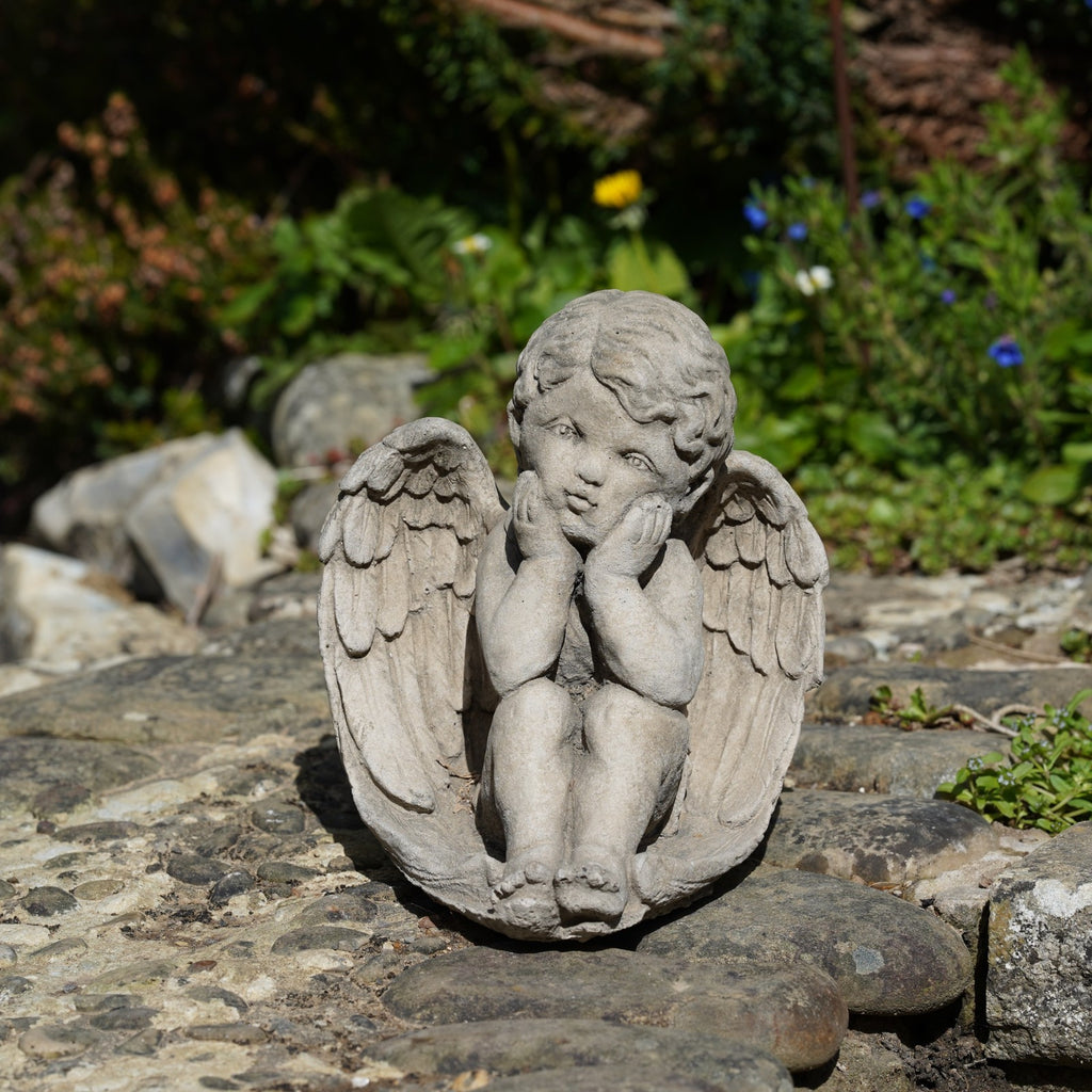 Thoughtful Cherub Stone Statue Outdoor Garden Ornament