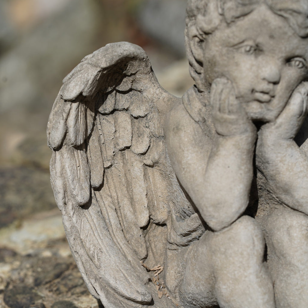 Thoughtful Cherub Stone Statue Outdoor Garden Ornament
