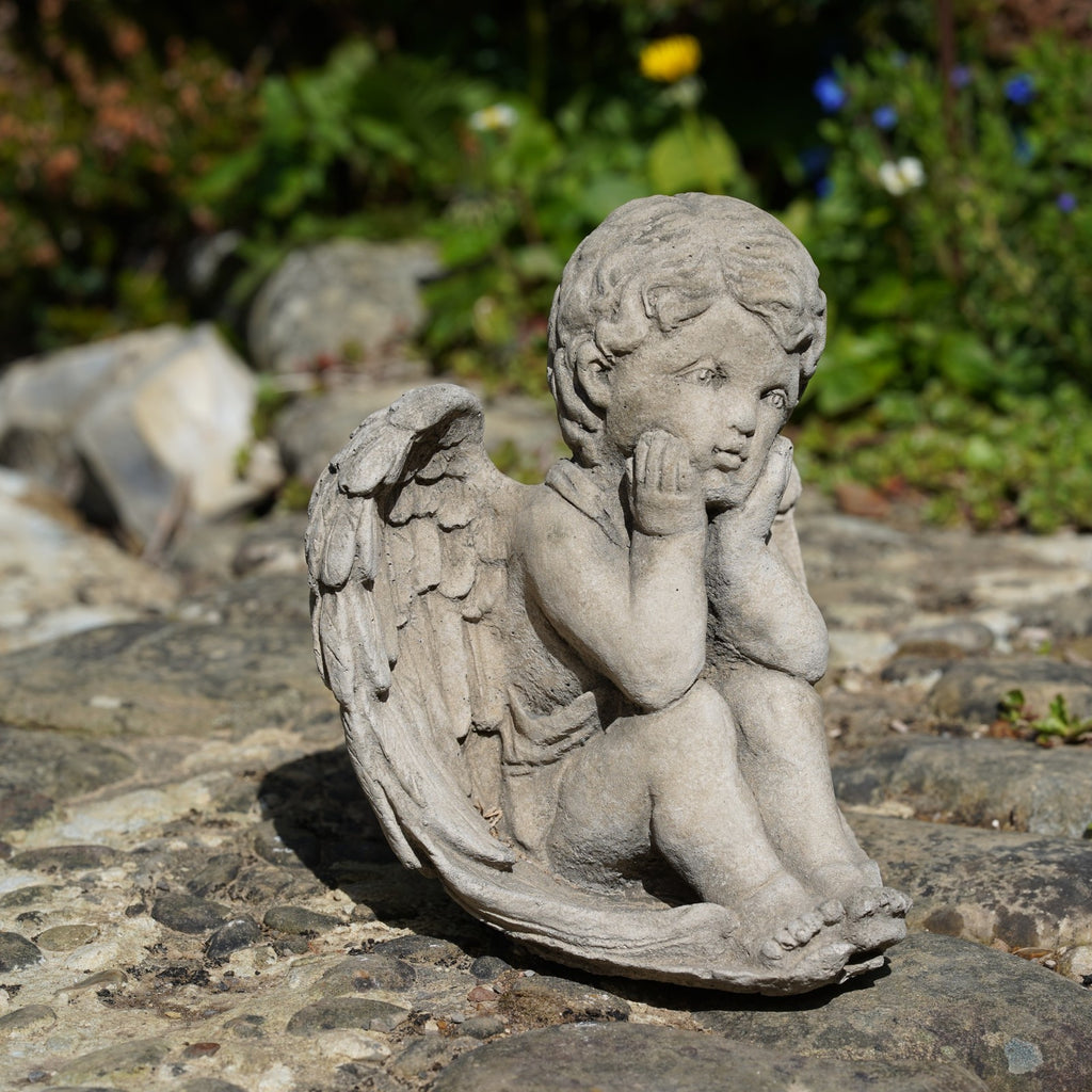 Thoughtful Cherub Stone Statue Outdoor Garden Ornament