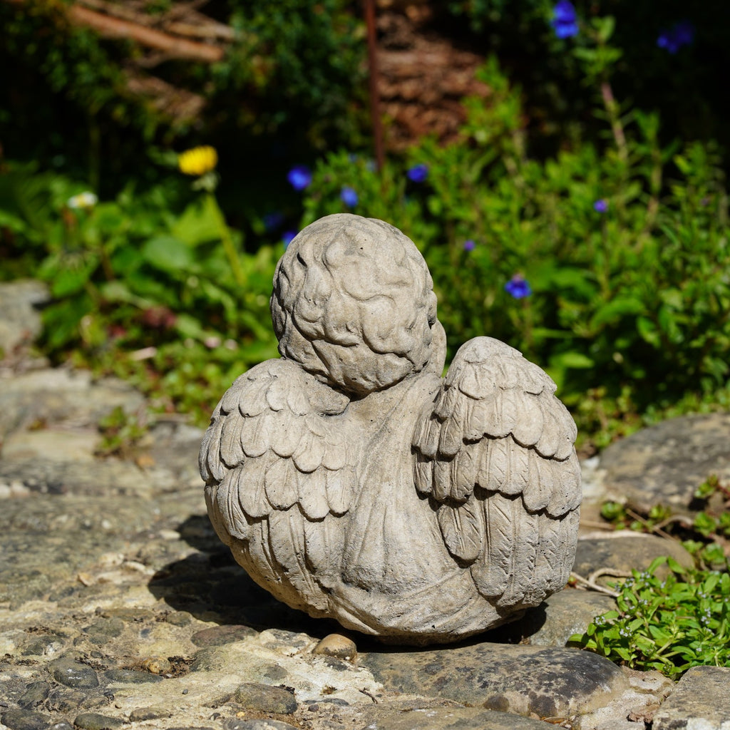 Thoughtful Cherub Stone Statue Outdoor Garden Ornament