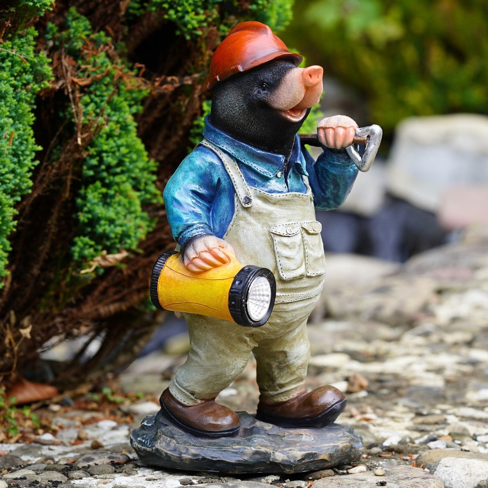 Mining Mole with Solar Lantern Resin Garden Ornament