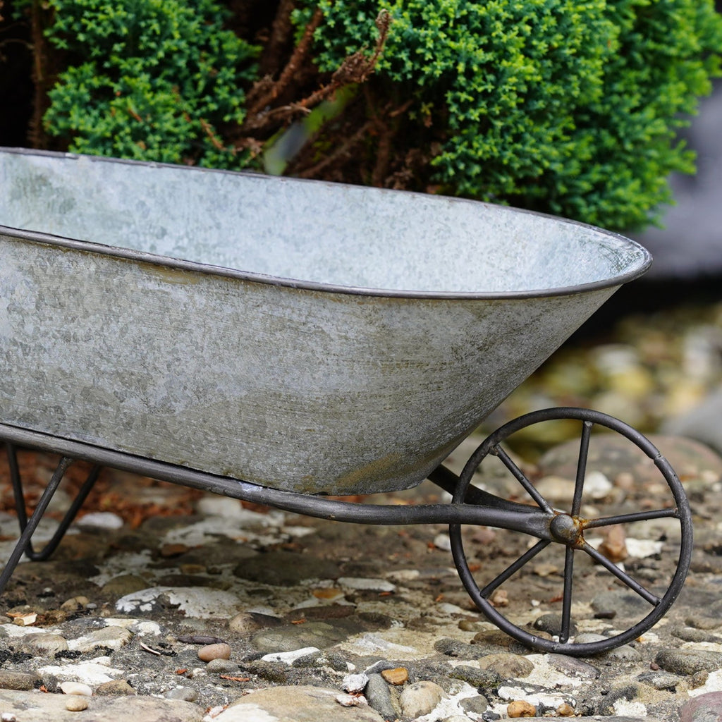 Galvanised Wheelbarrow Planter, Zinc Metal Flower Pot