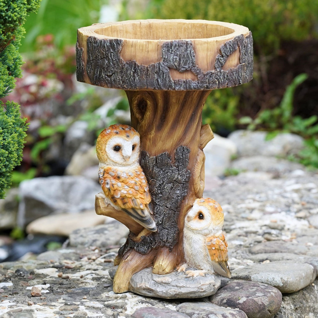 Woodland Owl Bird Bath – Resin Tree Stump Garden Ornament