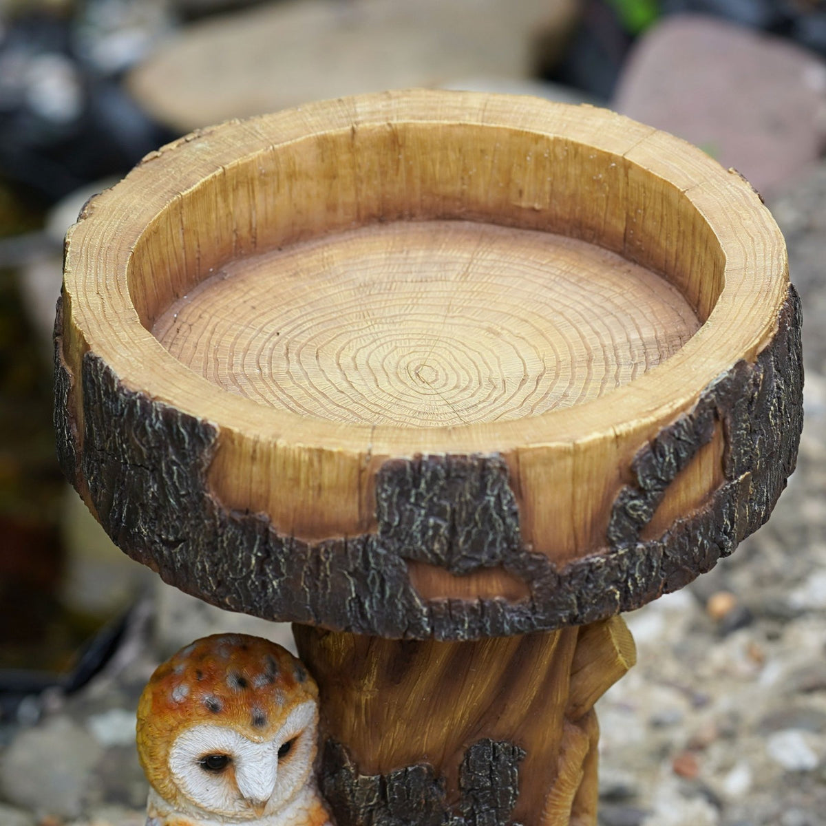 Woodland Owl Bird Bath – Resin Tree Stump Garden Ornament