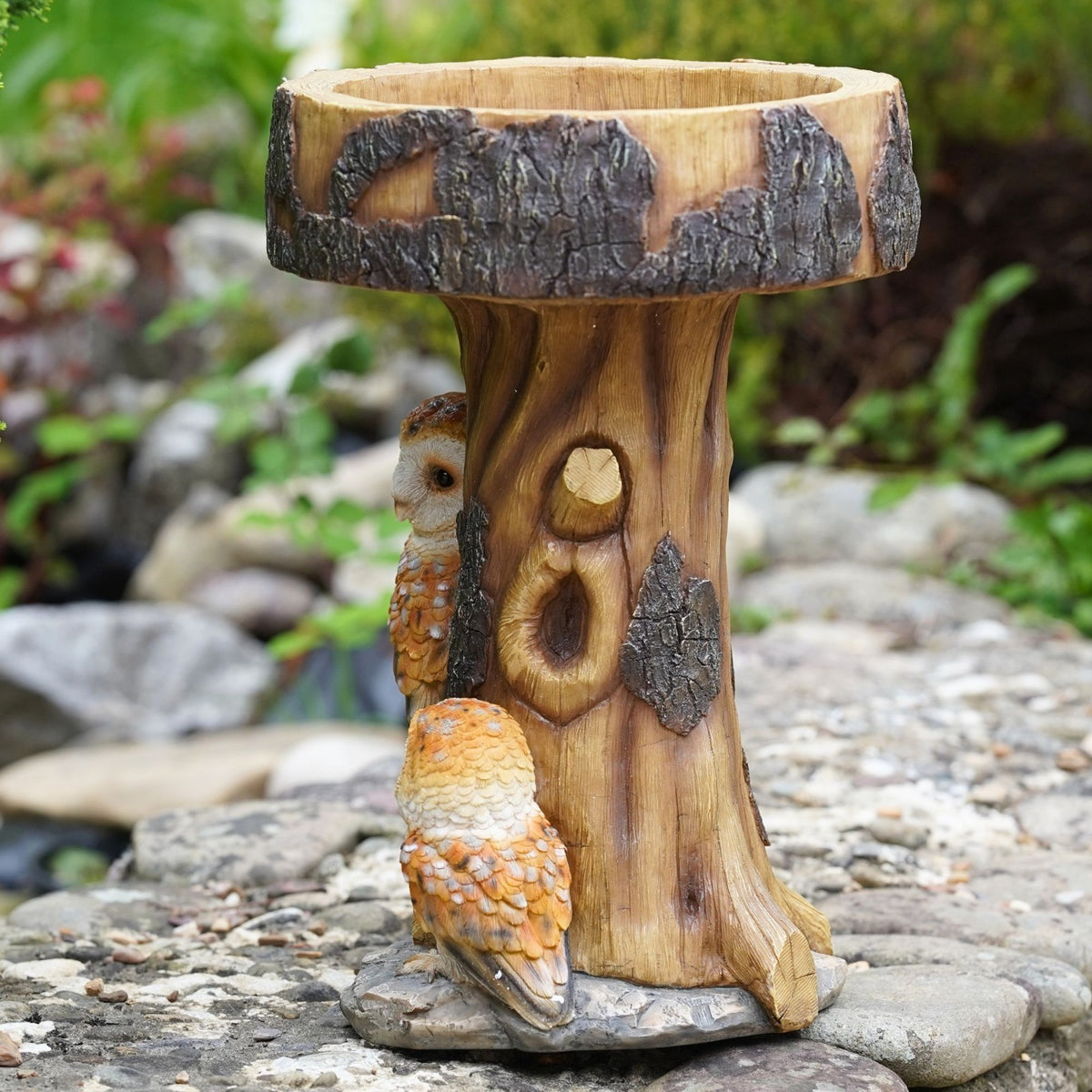 Woodland Owl Bird Bath – Resin Tree Stump Garden Ornament