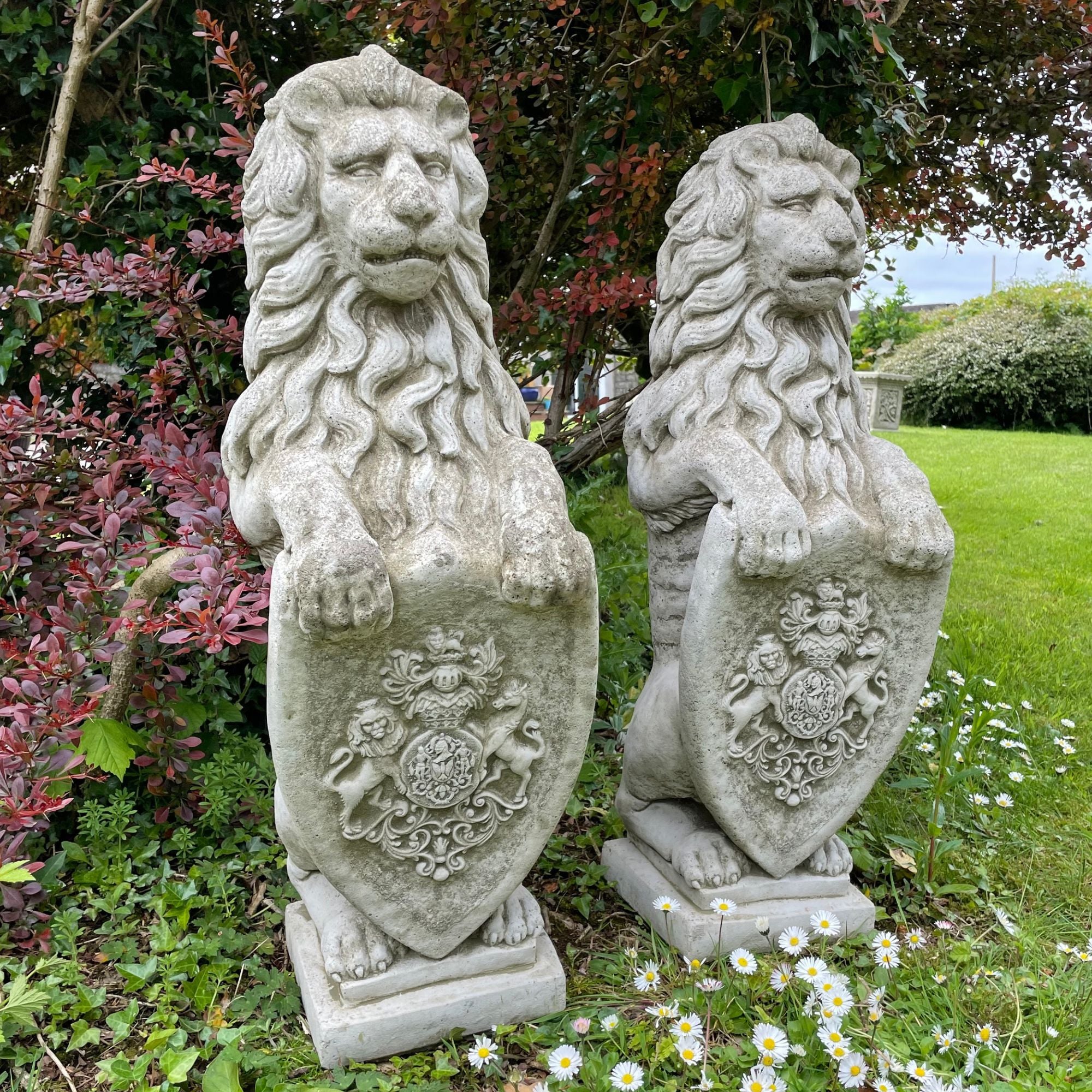 Pair of Armorial Lion Stone Statues
