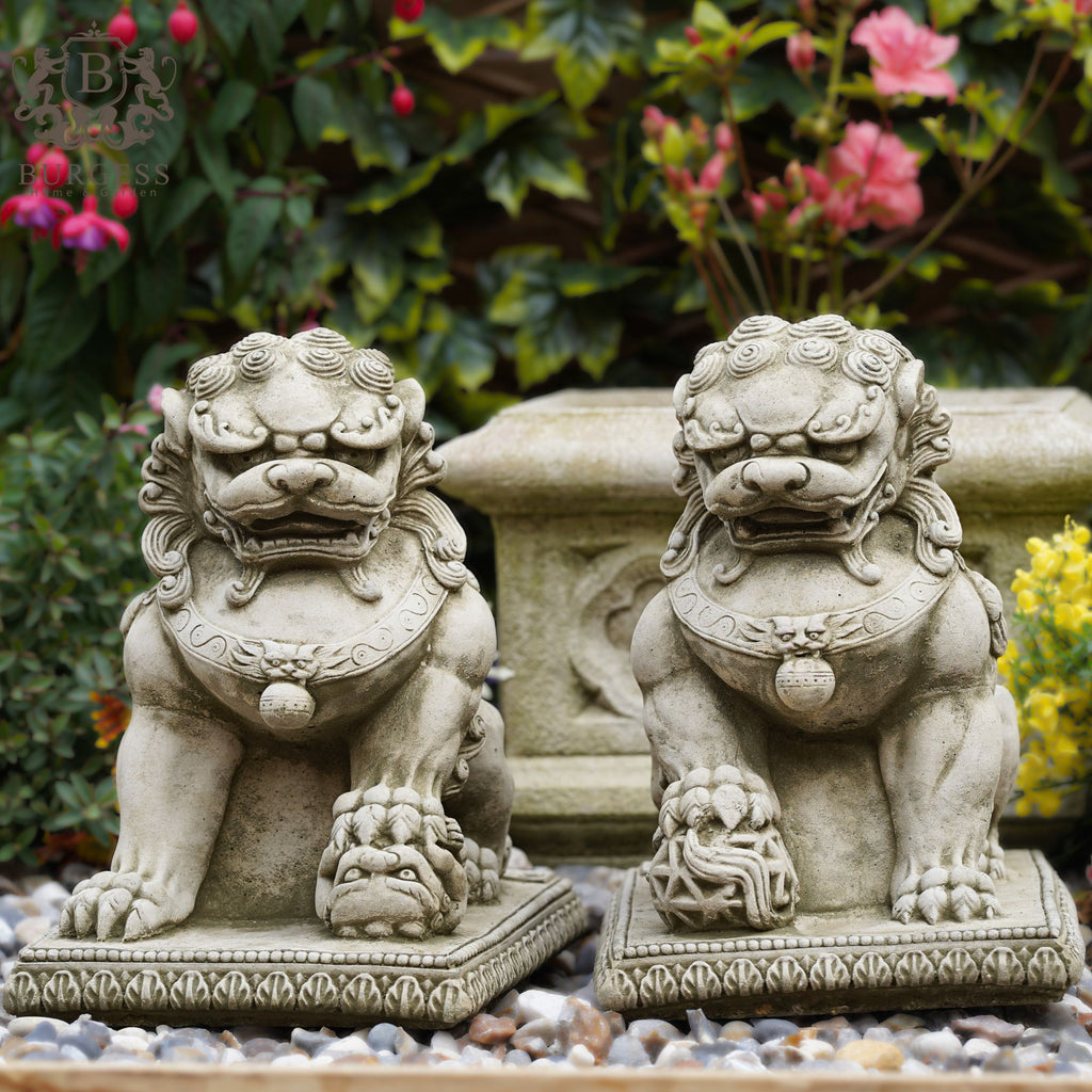 Single Female Foo Dog Stone Statue (Pup Under Paw)