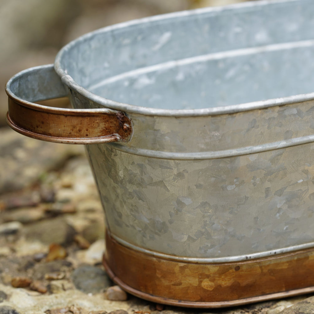Galvanised Metal Trough Planter with Handles – Vintage Rustic Garden Plant Pot