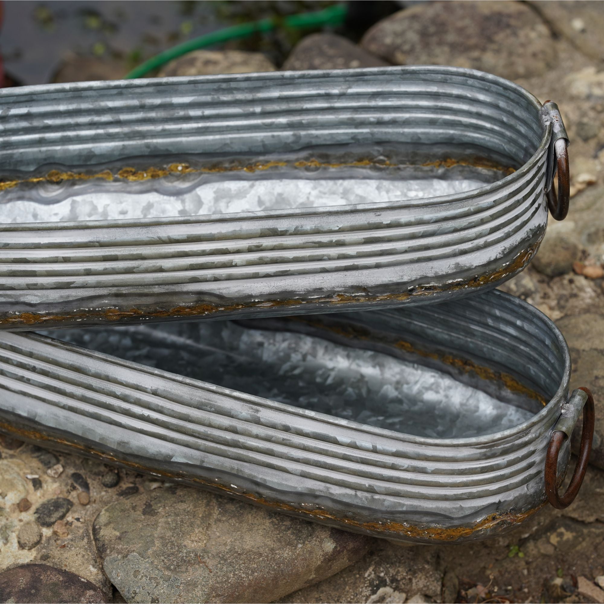 Set of 2 Galvanised Metal Planters – Whitewashed Ribbed Vintage Garden Troughs