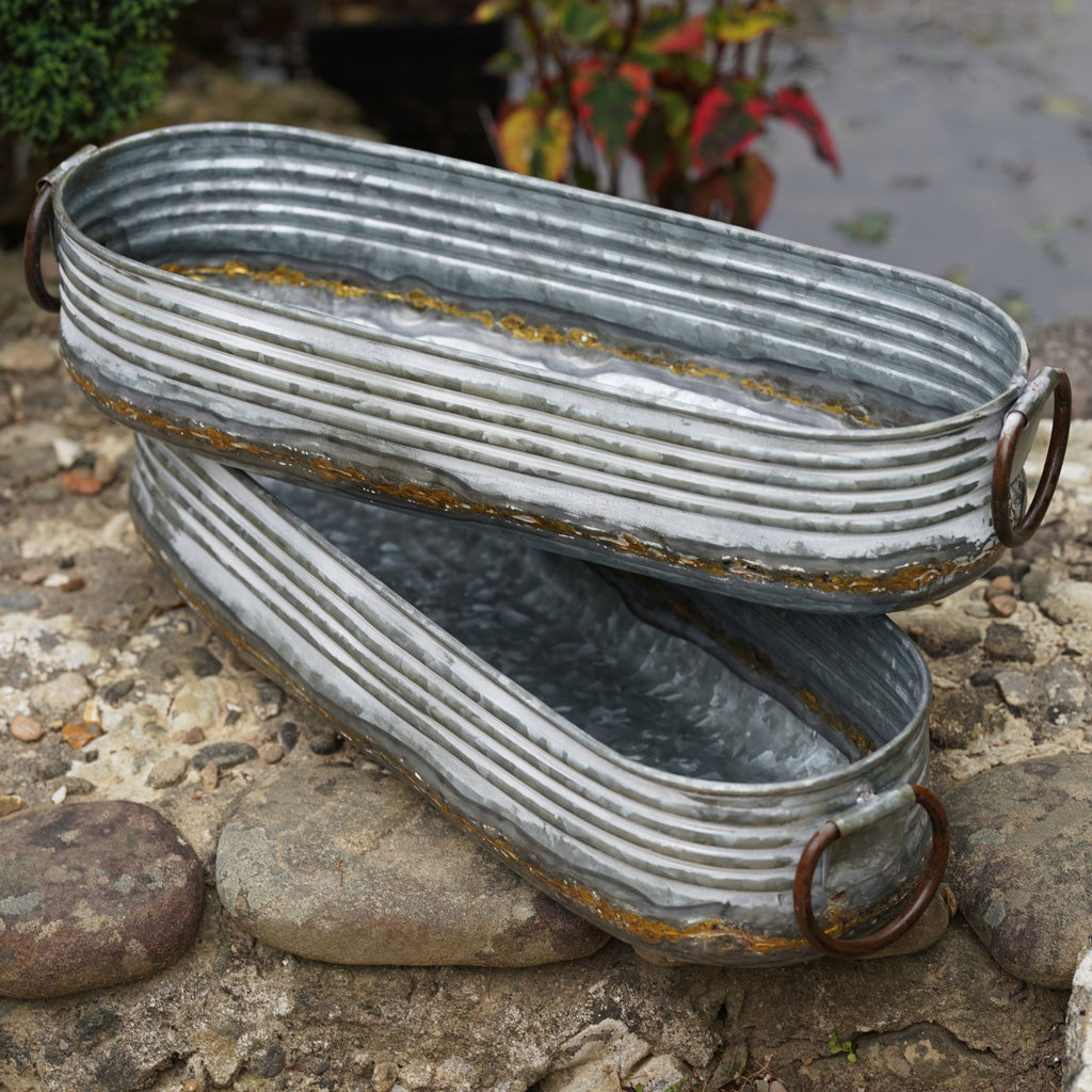 Set of 2 Galvanised Metal Planters – Whitewashed Ribbed Vintage Garden Troughs