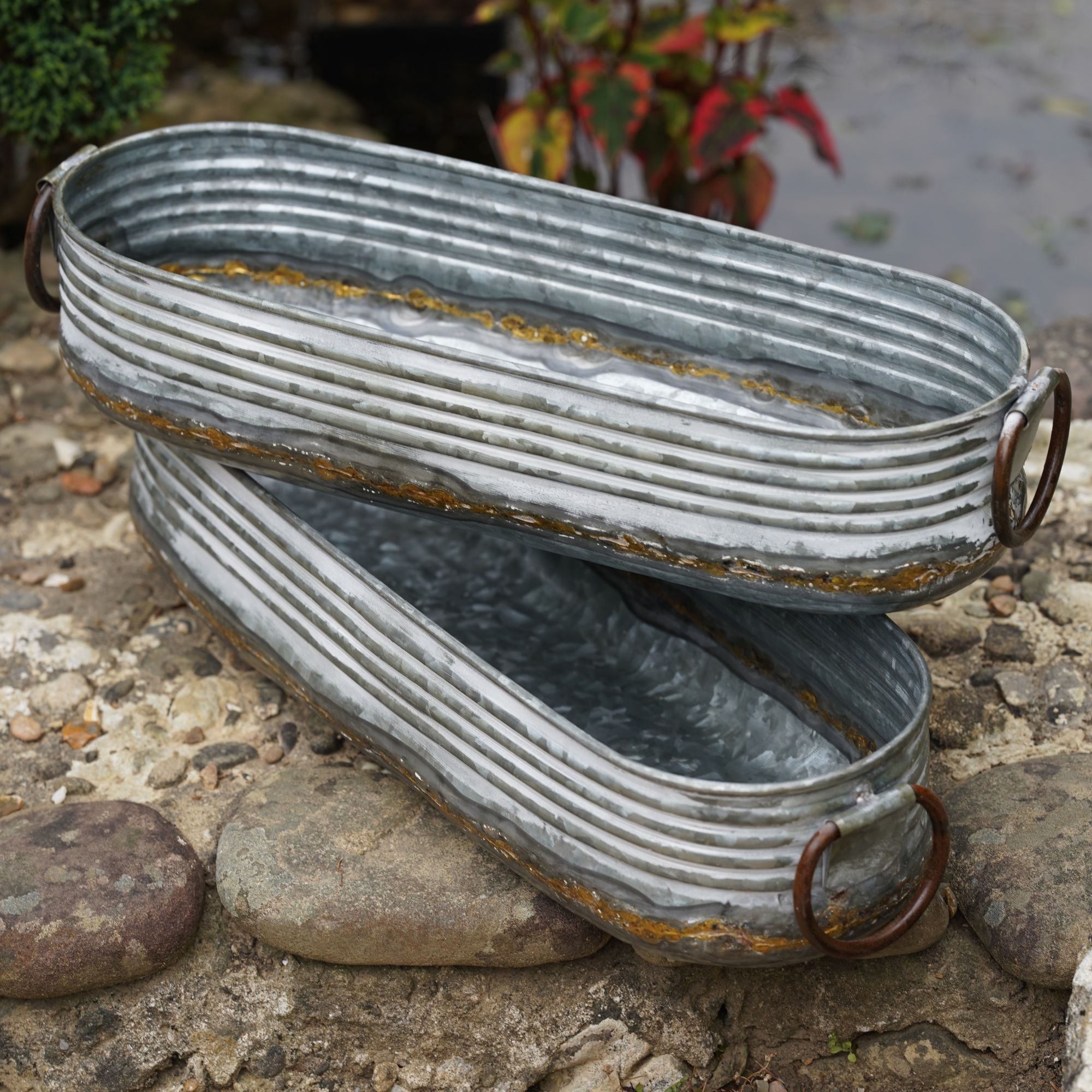 Set of 2 Galvanised Metal Planters – Whitewashed Ribbed Vintage Garden Troughs