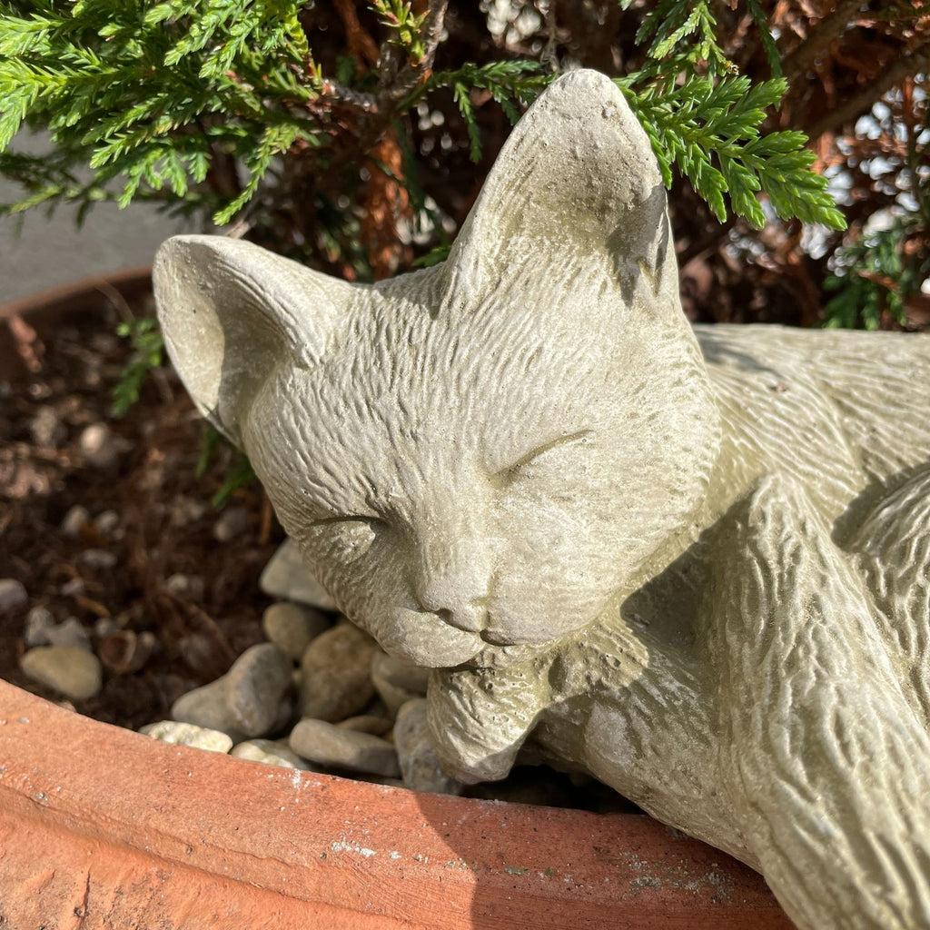A stone statue of a cat used as a garden ornament.