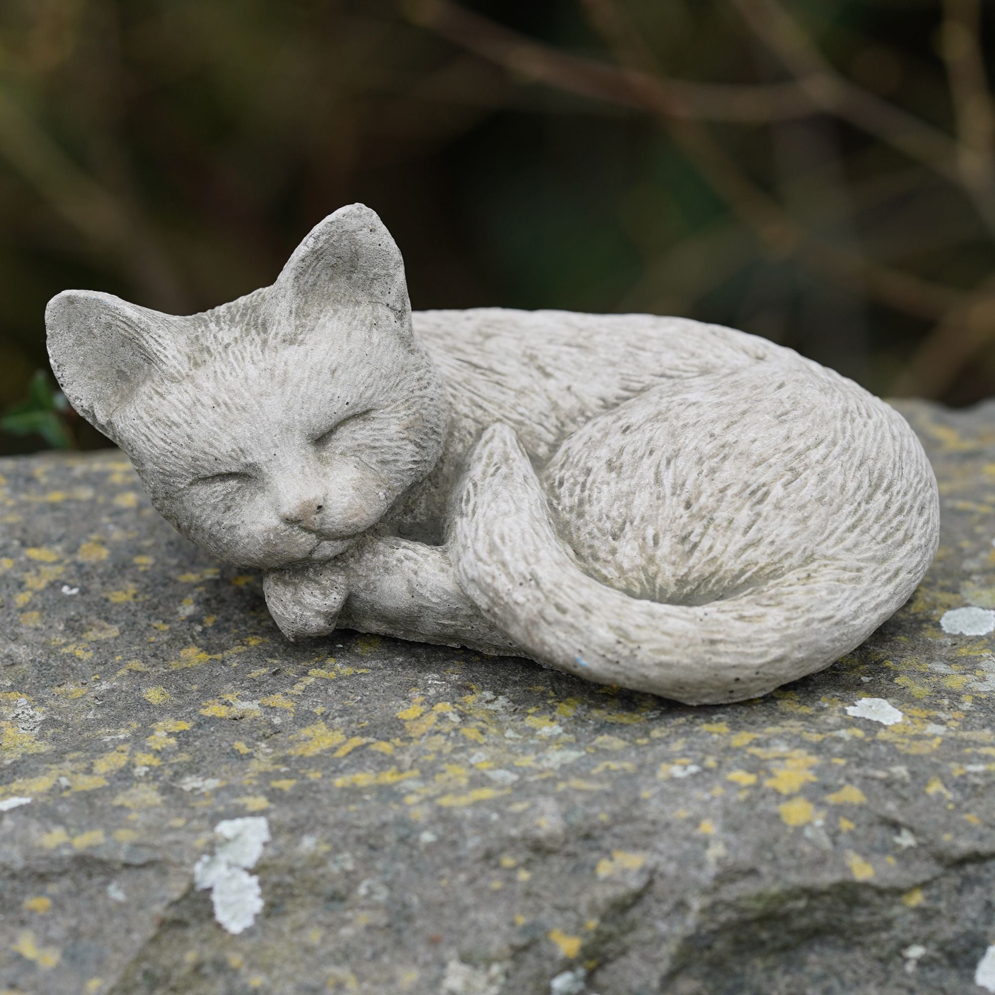 Sleeping Cat Stone Garden Statue | Curled Kitten Ornament & Pet Memorial