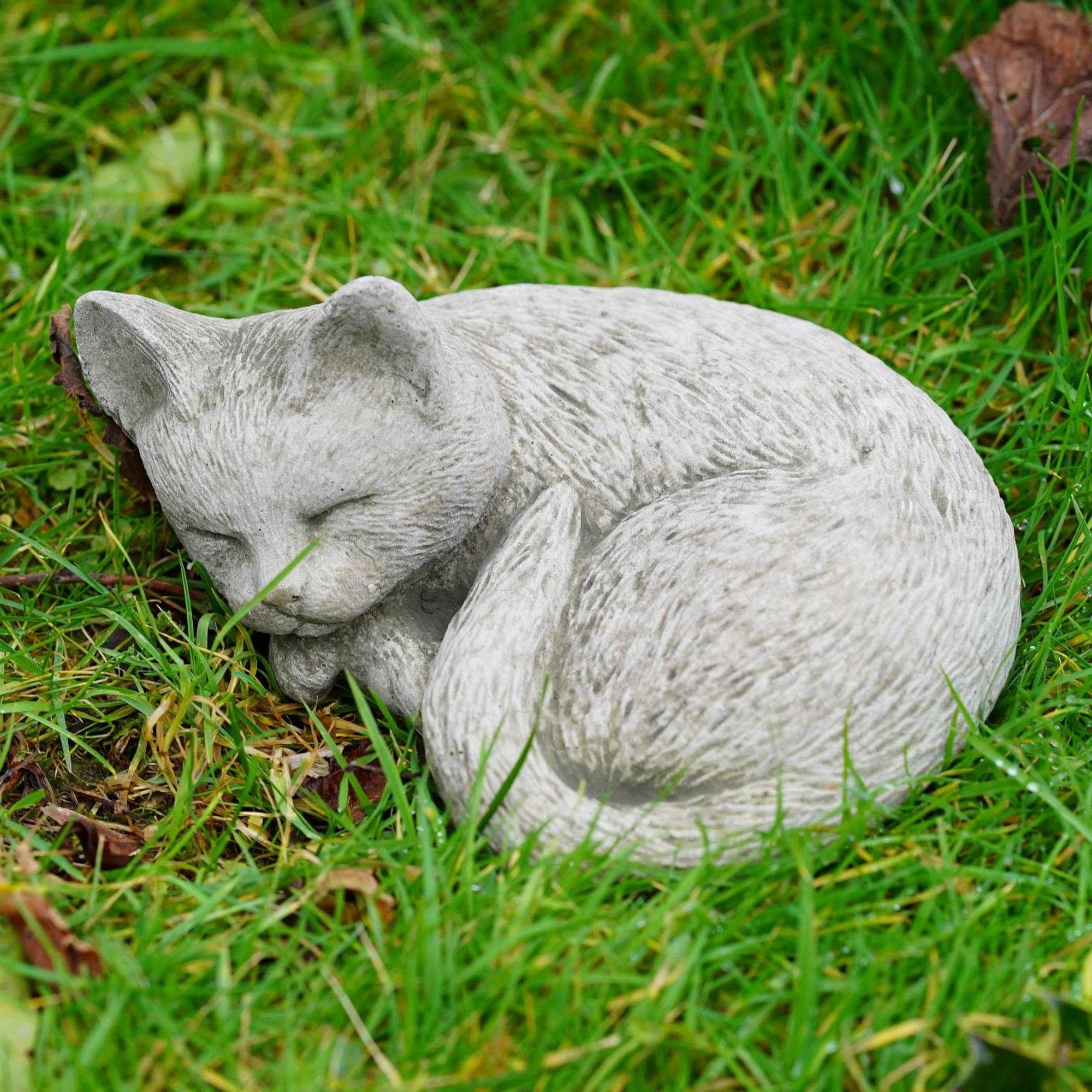 Sleeping Cat Stone Garden Statue | Curled Kitten Ornament & Pet Memorial