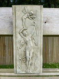 A rectangular stone plaque adorned with a cherub balanced on a nymph's outstretched arm. Situated on a british garden's fence.